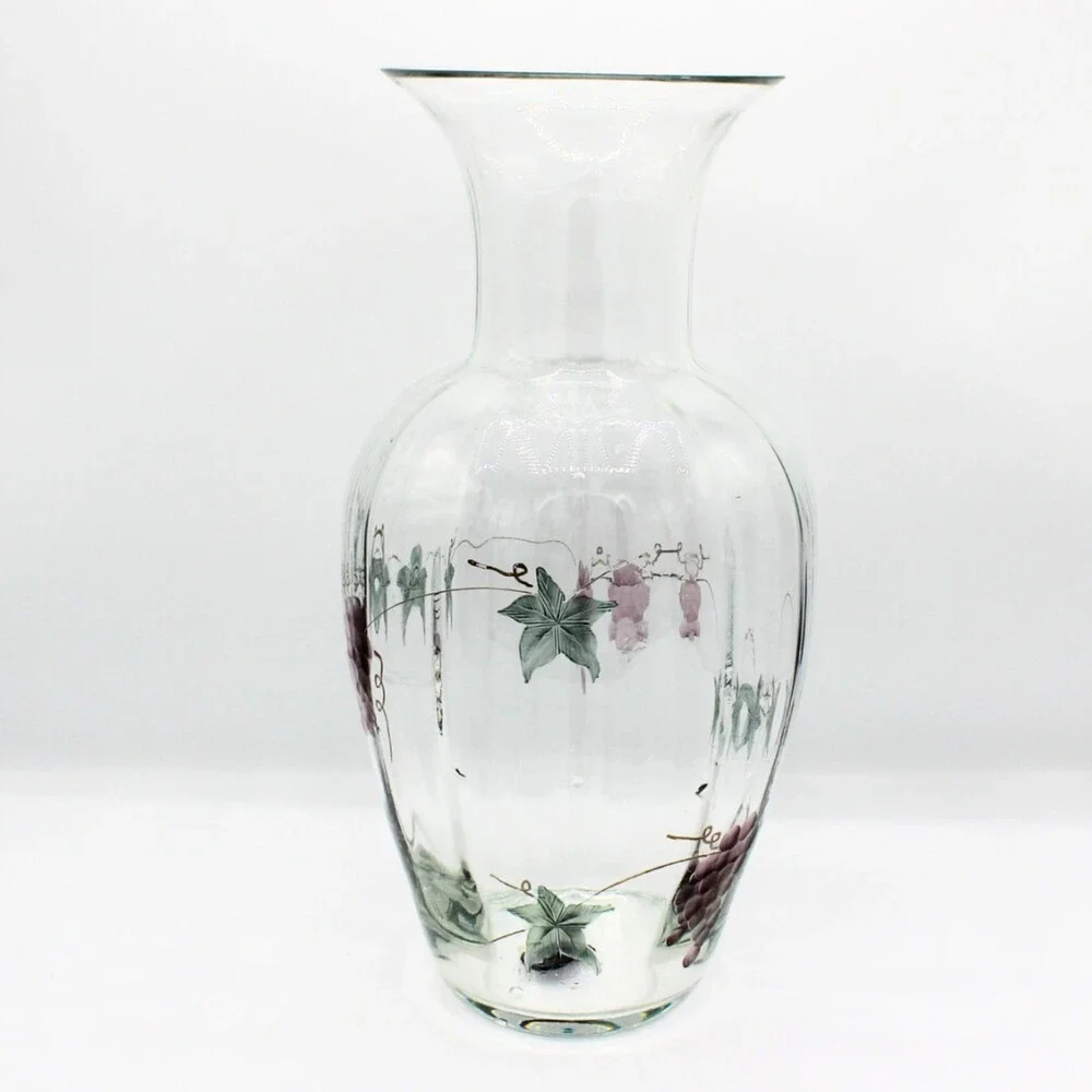 Vintage Large Glass Vase Etched Grape Design Hand Painted Accents by Wine Things